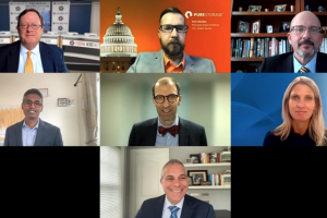 Seven healthcare leaders' faces side-by-side in a virtual conference room