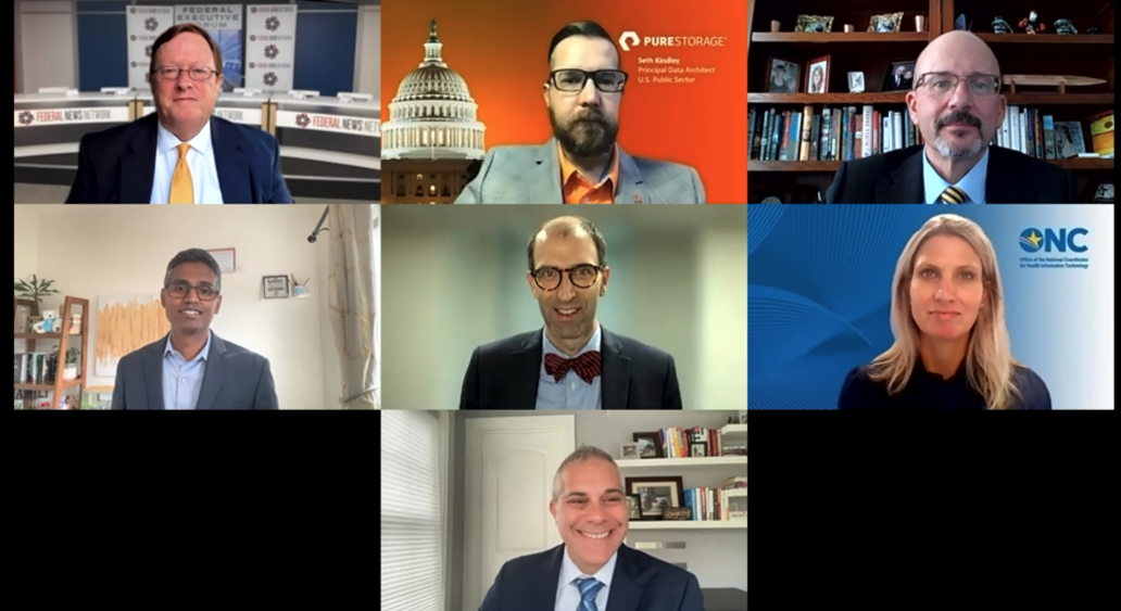 Seven healthcare leaders' faces side-by-side in a virtual conference room