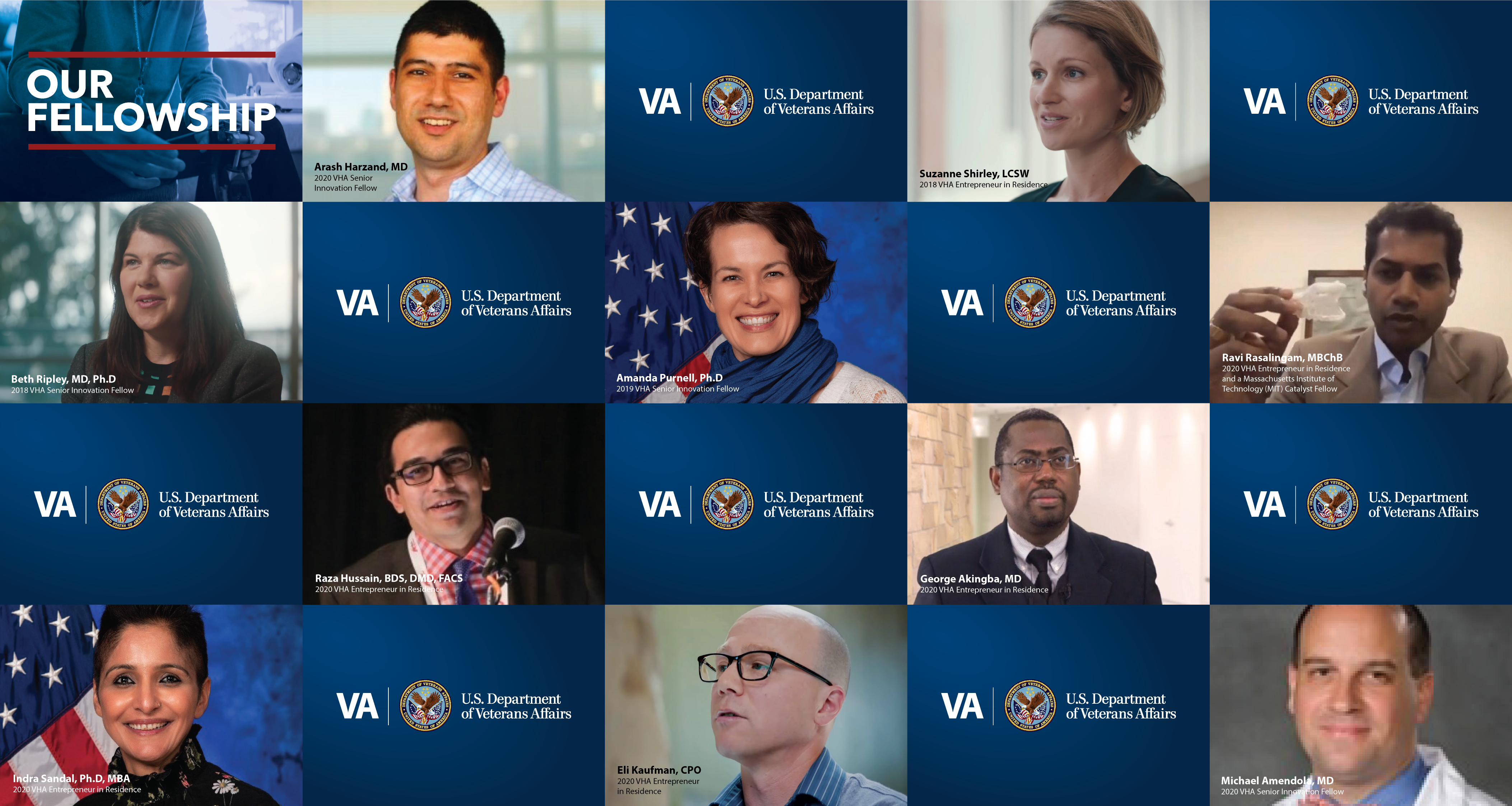 Varied faces of men and women interspersed with blue squares with the VA logo