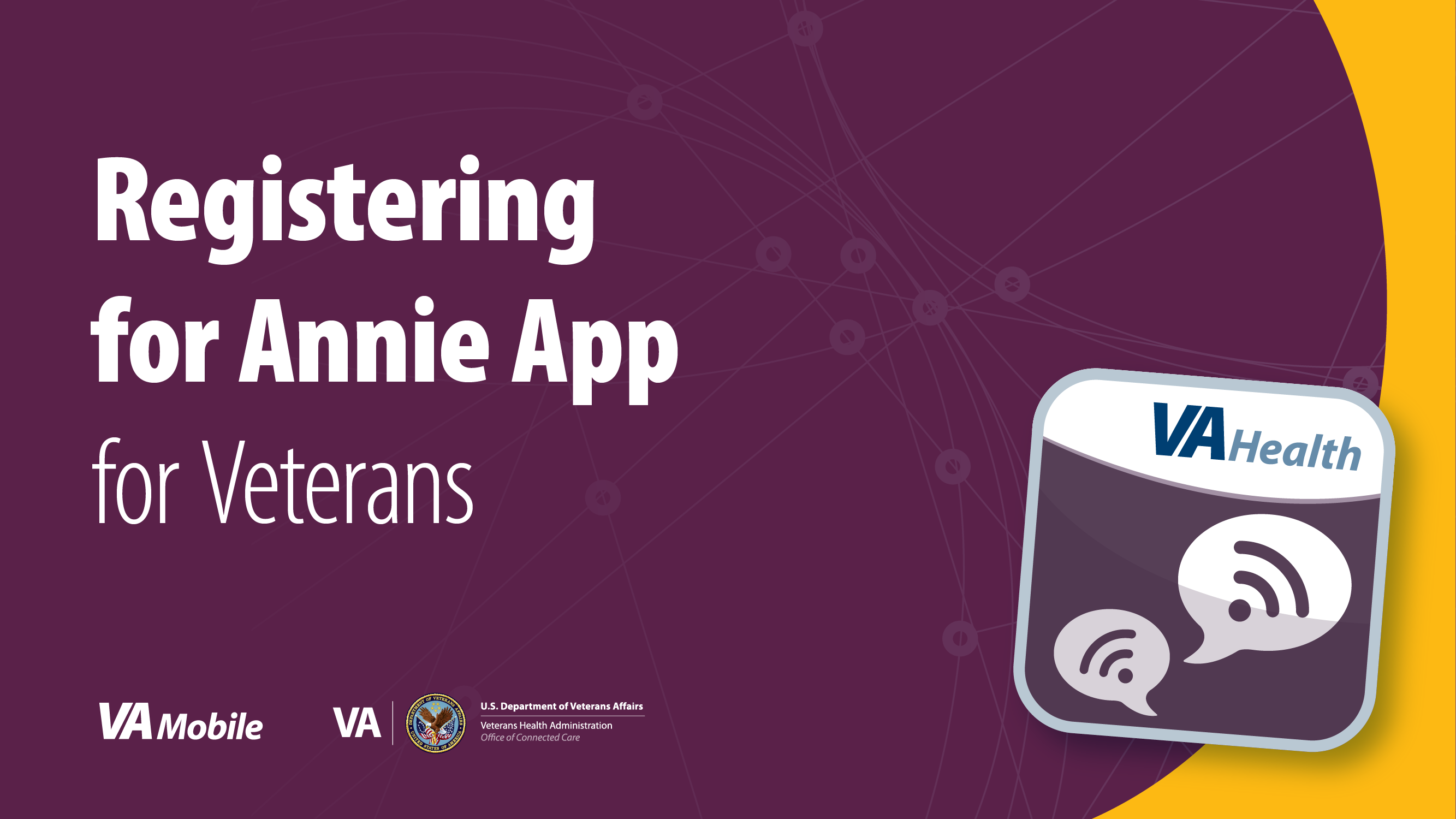 "Registering for Annie App for Veterans" on a dark purple background 