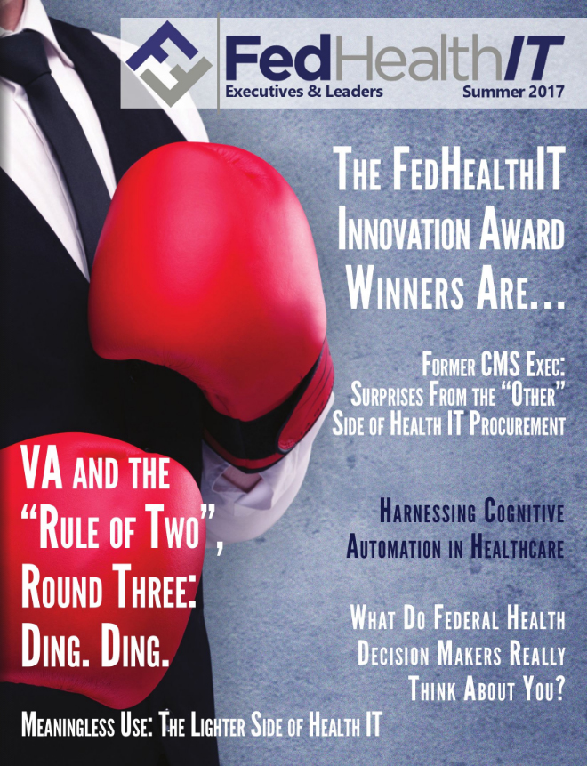 A poster announcing the FedHealthIT Innovation Awards winners with a man in red boxing gloves.