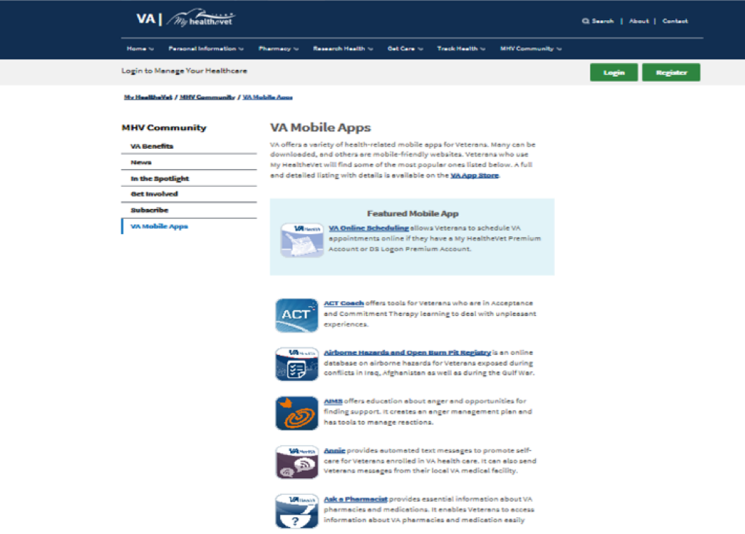 Image of VA Mobile page on My HealtheVet