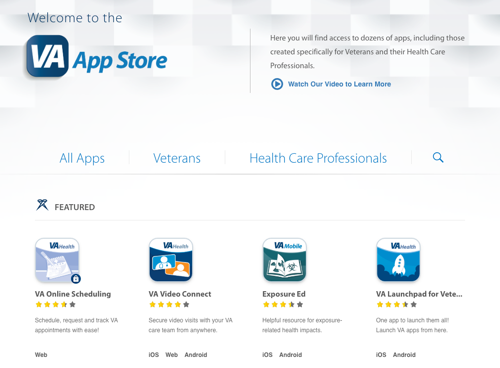 Screenshot of the redesigned VA App Store home page