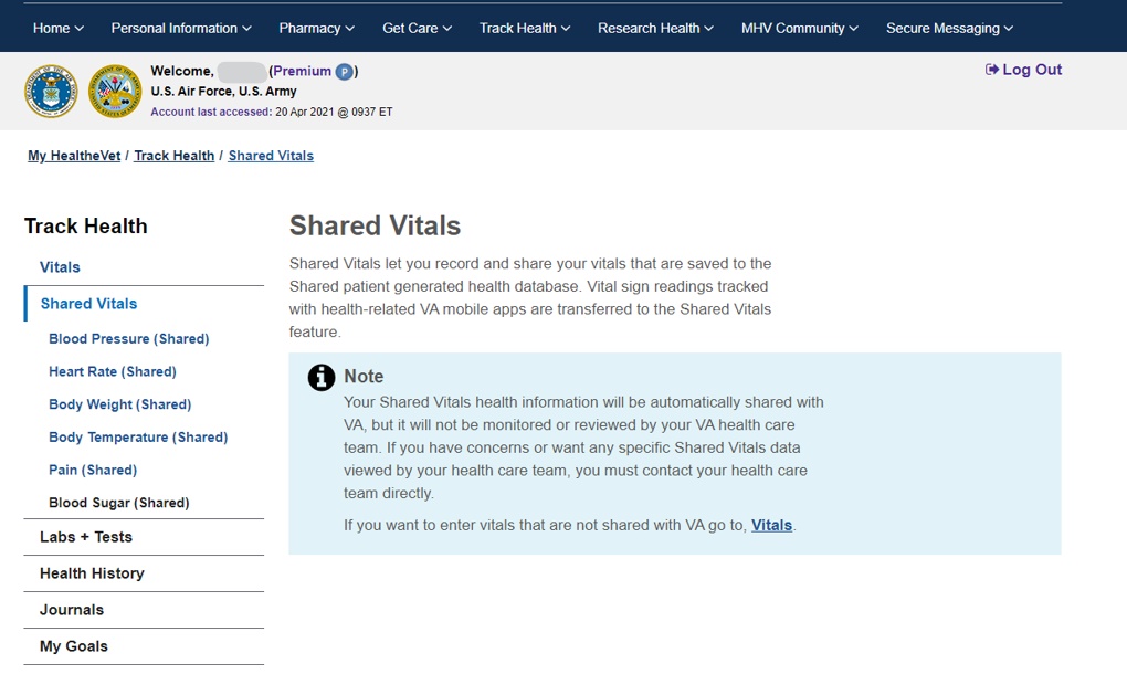 Shared Vitals landing page on the My HealtheVet website