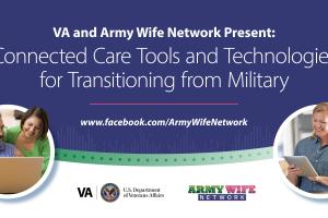 blue background with white text "Connected Care Tools and Technologies for Transitioning From Military"