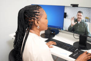 A provider on a video call with a Veteran.